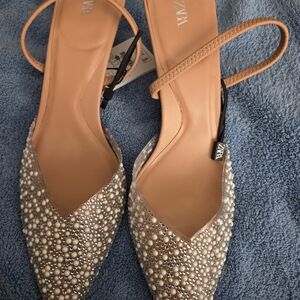 Zara Women's Pearl Embellished Beige Heels
